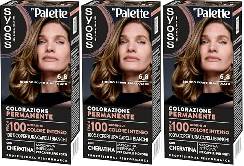 Syoss by Palette Colorazione Permanente 6-8 Biondo Scuro Cioccolato, Colorazione capelli permanente con Cheratina, per 100% copertura dei capelli bianchi, fino a 100 giorni di colore (Confezione da 3)
