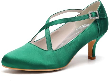 HFWXYSA Zapatos De Boda De Satén para Mujer Tacón Bajo 6cm Punta Redonda Zapatos De Novia Vestir,Verde,37 EU