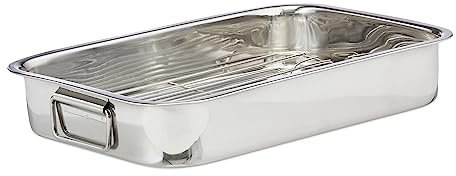 Relaxdays, Bräter mit Rost L 2er Set, Edelstahl, silber | backofengeeignete Schwedenschale, spülmaschinenfest, Bratreine, Gitter