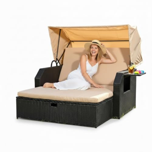 Mucola Strandkorb Fußbank Sonnenbett Polyrattan Dach 2-Sitzer Schwarz Beige | Rückenlehne verstellbar, klappbare Seitentische, UV-beständig, pulverbeschichtetes Metallgestell, waschbare Kissenbezüge