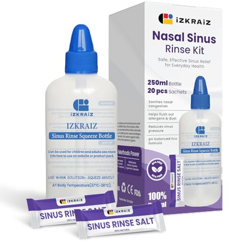 Kit per lavaggio nasale – Flacone da 250 ml + 20 bustine di soluzione salina, lavaggio dei seni nasali – Neti Pot per il sollievo dei seni nasali e l'igiene nasale (250 ml squezze + 20 salt)