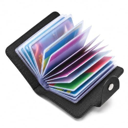 Uvwxba Credit Card Holders Soft Genuine Leather Compact Wallet ID Bank Card Case Purse 40 Thickening Durable Plastic Insert Sleeves a (Black)