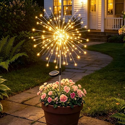 Joycome 1 Piezas 120 LED Luces Solares Exterior Jardin - Blanco Cálido | 8 Modos Luz Solar de Fuegos Artificiales, Impermeable lamparas Solar Exterior Jardin para Patio Balcón Macetero Boda Fiesta