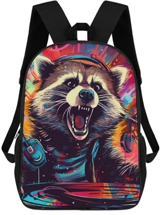 sinyumoney Children's Backpack, 3D Printed Raccoon DJ Beyond Boundaries Backpack, Backpack for Boys Girls, 17 Inch Adjustable Lightweight School Bag for Primary School 17inch