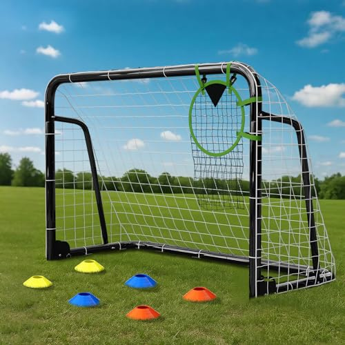 Ryuhic Fußballtor für Garten Kinder & Erwachsene | Robustes Fussballtor Outdoor mit Stahlrahmen, wetterfestem Netz, Erdankern, 6 Hütchen, Fußball Tor Set für Training, Schwarz