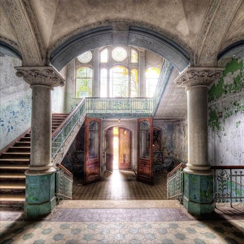 artissimo Bild aus Glas 50x50 cm Lost Places Beelitz Urbex AG4081A – modernes Glasbild Wandbild Quadratisch, Wanddeko Wohnzimmer, beige grün, industrial vintage