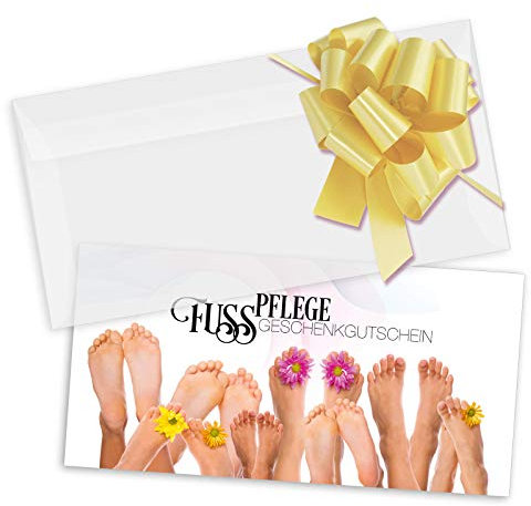 GESCHENKGUTSCHEINcom by POS-HAUER. Gutschein-Set. 100x Gutschein + Kuvert + Schleife. Für Fußpflegeinstitut Fußpflege, blanko zum selber Ausfüllen.