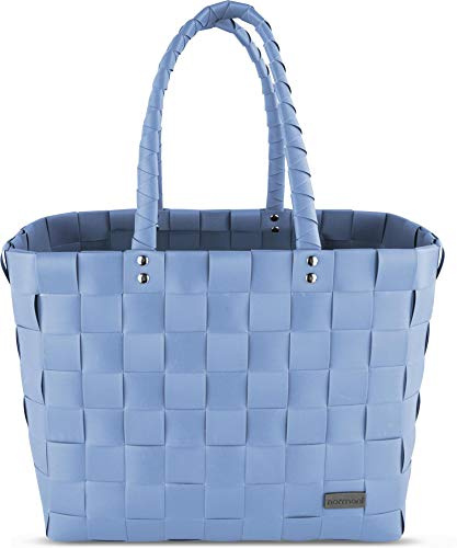 normani® Einkaufstasche Shopper geflochten aus Kunststoff - robuster Strandkorb Vintage Style 38cm x 25cm x 28cm Classic/Light Blue Einheitsgröße