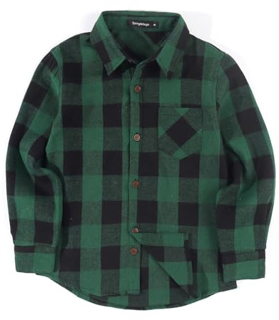 Spring&Gege Pojkar, ledig långärmad rutig flanell, button-down-skjorta, för barn (5–14 år), Grön svart, 13-14 År