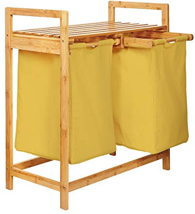 Lumaland Wäschekorb aus Bambus mit 2 ausziehbaren Wäschesäcken | Größe ca. 73 cm Höhe x 64 cm Breite x 33 cm Tiefe, Farbe: Gelb