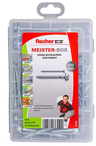 fischer Meister-Box Dübelschrauben, 112-teiliges Schraubenset, 6-10 mm Durchmesser, 35-69 mm Länge, für alle fischer-Dübel, für Heimwerker und Profis, kompatibel mit DuoPower- SX Plus- UX-Dübel