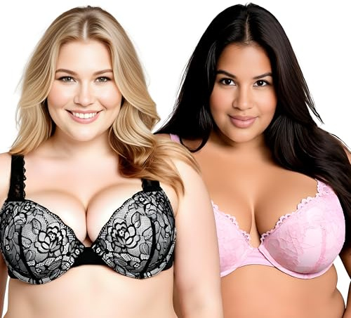 Curve Muse Women's Plus Size Add 1 and a Half Cup Push Up Underwire Convertible Lace Bras-2PK-Black,Pink-34B (EU:75B)-V2