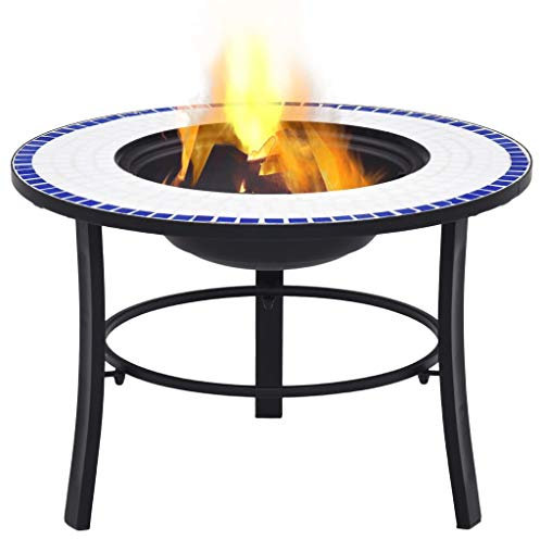 Bulufree Brasero de mosaico para terraza, rejilla de fuego, rejilla para chispas, cesta para fuego, firepit, cuenco para calefacción, azul y blanco, 68 cm, cerámica