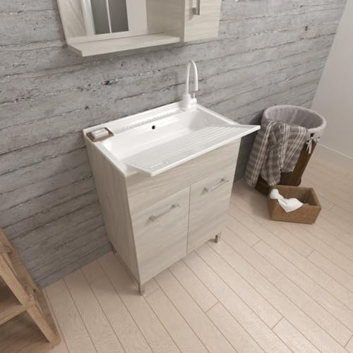 Kiamami Valentina - Waschbecken innen 60cm 2 Türen Eiche Grau mit Waschbrett | Pratico