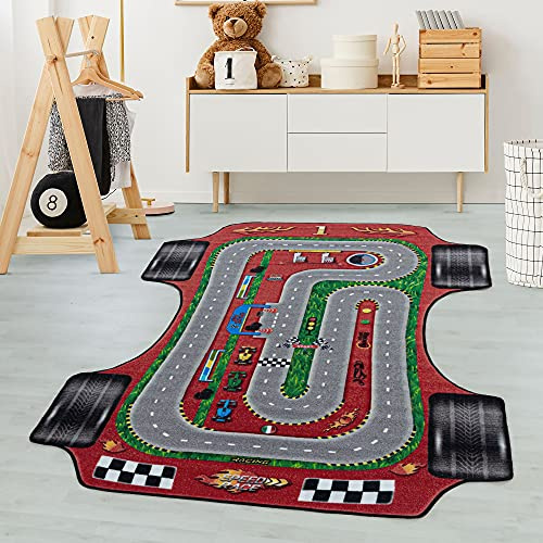 Carpetsale24 Kinderteppich Rot 80x120 cm Rennstrecke Rennauto Design Sonderform Modern rutschfest Waschbar Pflegeleicht Extra Weich Antiallergen Babyteppich Kinderzimmer Jungen Mädchen