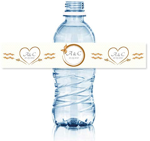 15 Personalisierte Flaschenaufkleber für Hochzeiten und Hochzeitsfeiern. Aufkleber mit Namen zum Aufkleben auf 33 cl Wasserflaschen. Wasser-, kühlschrank- und spülmaschinenfest.
