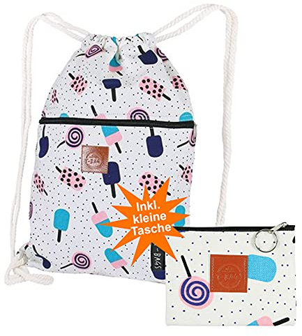 T-bags Turnbeutel Damen Herren Stoffbeutel mit Kordelzug - Kosmetiktasche Klein für Handtasche Stoff - Sportbeutel Baumwolle Kinder - Rucksack Set mit Geldbörse (Eis Muster)