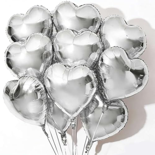 10Pcs Silver Foil Heart Shaped Balloons 18 Inch Heart Mylar Balloons For Baby Shower Wedding Valentine Decorations Love Balloons Party Decorations