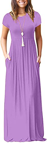 AUOMITH Women's 2025 Summer Short Sleeve Empire High Waist Long Maxi Dress with Pockets