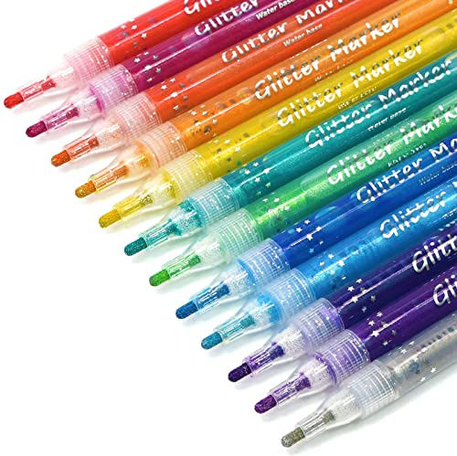 TWOHANDS Glitter Markers, Ritpennor, Metalliska Markers, Sparkle Pennor vattenbaserade, 12 färger, perfekt för papper, affischer, hälsnings- och presentkort 20017