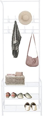 Innotic Coat Rack Stand with Shoe Rack, 182cm Removable 16 Hooks Free Standing for Hallway Entryway Narrow Small Space Storage, Matte Steel Frame Hat Bag Stand, White