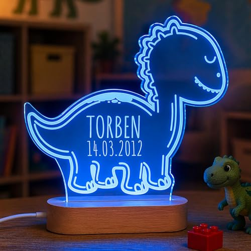 CHRISCK design Dino Nachtlicht Schlummerlicht mit LED Lampe aus Acrylglas | Dinosaurier Lampe personalisierbar mit Namen und Datum z.B Geburt Taufe Kinder Geburtstag | Babylicht Kinderlampe