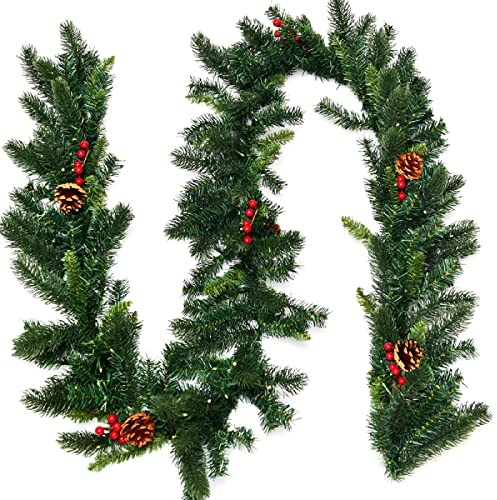 GIANTEX Weihnachtsgirlande 270cm mit LED-Beleuchtung | Künstliche Tannengirlande mit Tannenzapfen & Beeren, flexibel als hängende Weihnachtsdeko einsetzbar