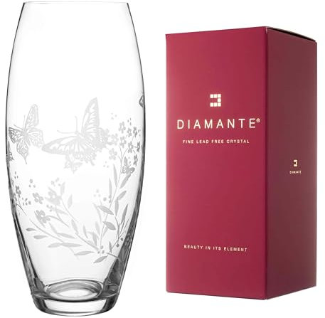 DIAMANTE Butterfly Vase - Etched Butterfly Filigree Wild Flower Floral Pattern - 30cm Clear