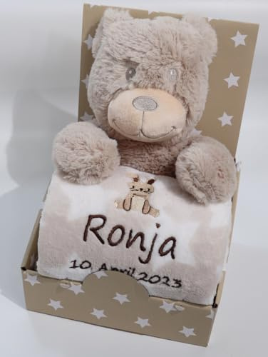 BotoBaby Personalisierte Babydecke mit Namen & Geburtsdatum Bestickt Plüschtier Kuscheldecke 75x100 cm Geschenk zur Geburt, Taufe, Ostern, Babyparty Baby Geschenkset (Beige Teddybär Sternen)