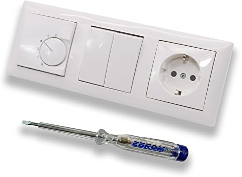 Halmburger UP Raumthermostat Raumtemperaturregler RTR-5510rg in Busch Jäger Balance SI alpinweiß + Serienschalter 2000/5 US + Steckdose mit Kinderschutz + EBROM Phasenprüfer zur Montage der Geräte