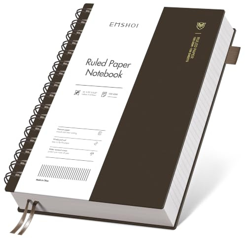 EMSHOI Taccuino A5 a righe college, blocco note a spirale, 150 fogli/300 pagine, 100 g/m², copertina in PVC, note adesive, tasca, anello per penna, righello, segnalibro, diario a righe per donne e