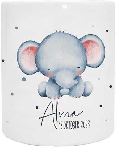 Spardose personalisiert mit Namen & Datum | Tierkind Elefant | Keramik Sparbüchse, optionales Datum, beidseitig bedruckt, Gummistopfen an der Unterseite, 95 x 80 mm, Geschenk für Kinder