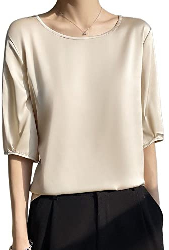 Damen Oberteile,Damen-Bluse Aus Satin Sommer Elegant Schlicht Schlicht Pullover Mit Rundhalsausschnitt Hemden Oberteile Modische Halbarm-Tunika-Oberteile Lässige Lockere Arbeitsblusen Seiden-T-Shir