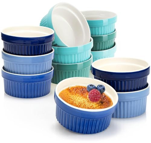 COM-FOUR® 12 Moldes para Soufflé - Tazones de Cerámica para Crème Brûlée - Aptos para Horno - Tazones de Postre y Moldes para Pastel - 200 ml Cada Uno - En Tonos Azul y Verde