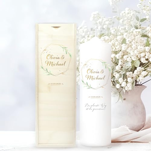Weiße Hochzeitskerze Kristallhochzeit geometrischer Rahmen mit Blättern personalisiert Hochzeitsgeschenk Spruch, Valentinstagsgeschenk, Hochzeitskerze