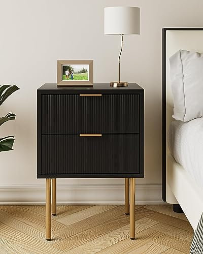 HEYZOEY Nachttisch, Nachtschrank mit 2 Schubladen, Modern Nachtkästchen, Boho Nachtkommode für Schlafzimmer, Wohnzimmer, Schwarz und Gold