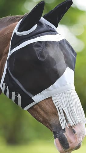 Fine Mesh Horse Equine Fly Mask with Ears & Nose Fringe UV Protection Black (Full Horse)