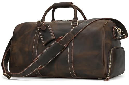 Vintage Reisetasche Herren Leder Weekender zum Umhängen Overnight Duffle Bag Großes Reisegepäck 55cm echtes Rindsleder, Dunkelbraun