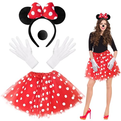 Orgoue 4PCS Mini Mouse Costume Accessories, Mouse Costume Adult Women with Ears Headband Red Polka Dot Tutu Nose for Halloween Dress up Party (Regular)