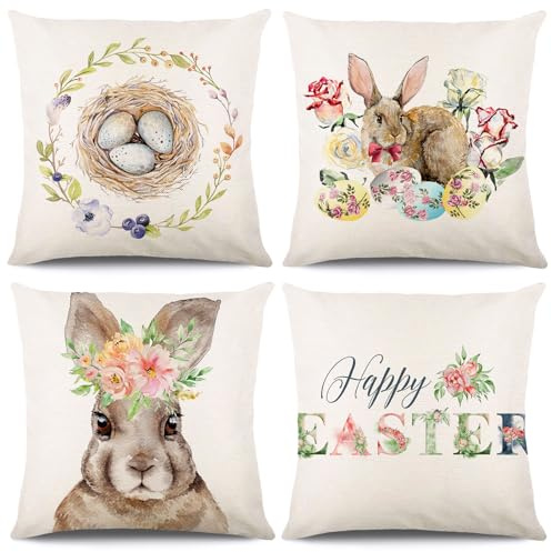KIKISML 4 Stück Ostern Kissenbezug, Baumwolle Leinen Drucken Ostern Zierkissenbezüge 45x45cm, Ostern Kissenbezüge, Happy Easter Zierkissenbezug, Sofa Kissen Osterdeko (Hasen)
