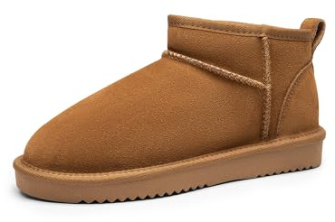 DREAM PAIRS Winter Boots for Women Mini Boot Genuine Suede Lining Water Resistant Warm Snow Boots Slip On Memory Foam Comfort Booties FuzzyClassic,Size 5,Chestnut,SDSB2405W