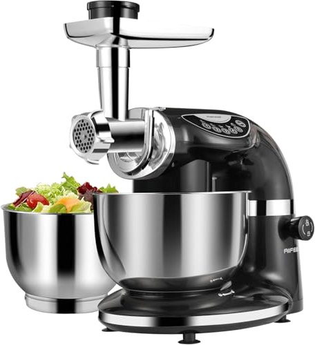Aifeel Stand Mixer, 8.5QT+ 6QT Two Stainless Steel Bowls Electric Food Mixer, 7 in 1 Multifunctional Kitchen Mixer with Dough Hook, Whisk, Beater, Meat Grinder,Pasta & Cookie Maker-Black