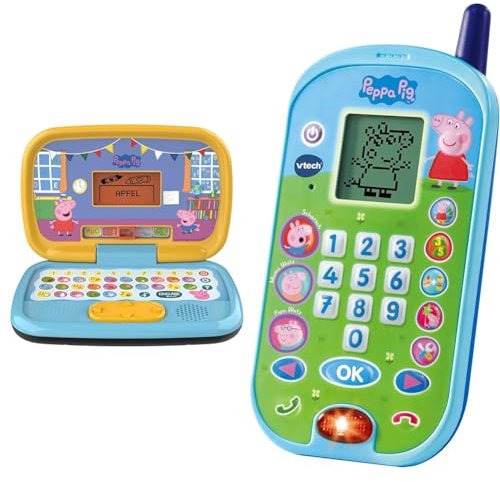VTech Peppas Lernlaptop – Lerncomputer mit ABC-Tastatur & Peppas Lerntelefon – Mit den Originalstimmen aus der Peppa Pig Serie und spannenden Lernspielen – Für Kinder von 2-5 Jahren