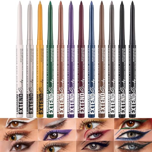 LANGMANNI 12Pcs Metal Colorful Eyeliner Pencil Set - Matte & Shimmer Eye Makeup,Smooth Use Long-Lasting & Waterproof Eyeliner Set