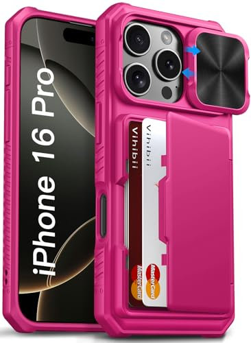 Vihibii for iPhone 16 Pro Case with Card Holder (4 Cards) [RFID Blocking] & Slide Camera Cover, Rugged Hard Back & Silicone Edge Wallet Phone Case for iPhone 16 Pro 6.3 2024, Pink