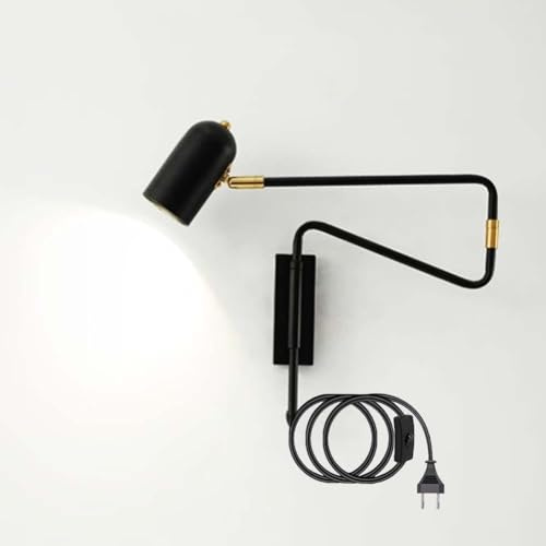 LOGT Retro Wandlampe Innen mit Schalter und Stecker Wandleuchte mit Kabel Verstellbare Lange Arm Wand Leselampe Gold Faltbar E27 Wandbeleuchtung mit Schwenkarm Nachttischlampe Drehbare,Schwarz