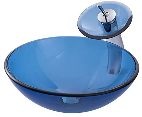 WOTZOV Lavandino da appoggio per Il Bagno, lavabo da appoggio in Vetro, lavabo da appoggio Rotondo per Il Bagno, lavabo con Rubinetto a Cascata in Ottone e Scarico a Scomparsa,
