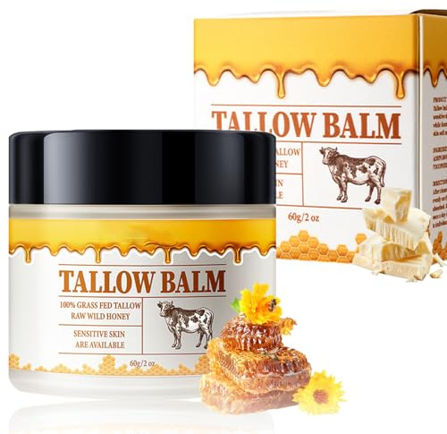 Beef Tallow Cream Für Skin, Bio Rindertalg Creme für Gesicht & Körper, Feuchtigkeitscreme mit Rohhonig, Körperpflege für Trockene & Rissige Haut, Tallow Creme Hautpflege Fur Damen, With Honey