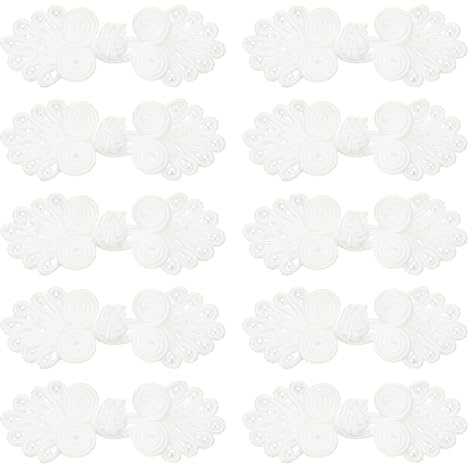 QUARKZMAN 10 Paare chinesische Knoten Frosch Knöpfe Weiß 0,98x2,36 Zoll | Verschluss, Nähen Knöpfe Verschlüsse, Mit Perlen, Für DIY Nähen Mäntel Umhang Pullover Braut Kostüm Outfit
