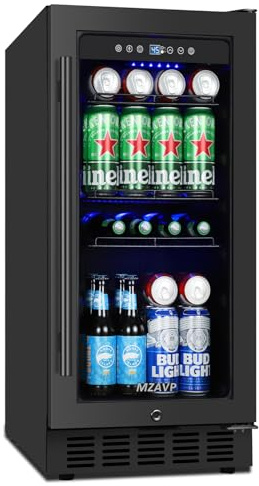 MZAVP 15 Inch Beverage Cooler Refrigerator, 15 Beverage Cooler Under Counter 130 Cans Beverage Fridge with Glass Door, Freestanding or Built-In Mini Drinks Fridge with Lock for Soda, Beer, Black